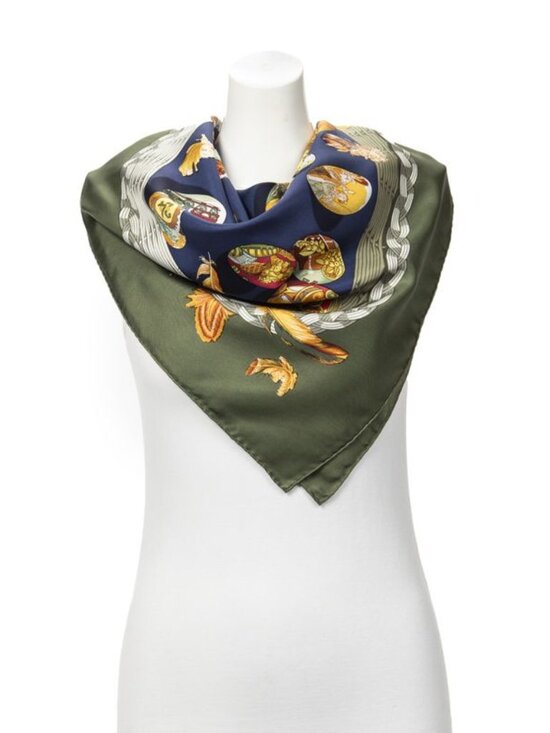 Hermes Scarf Green Navy Gold Silk